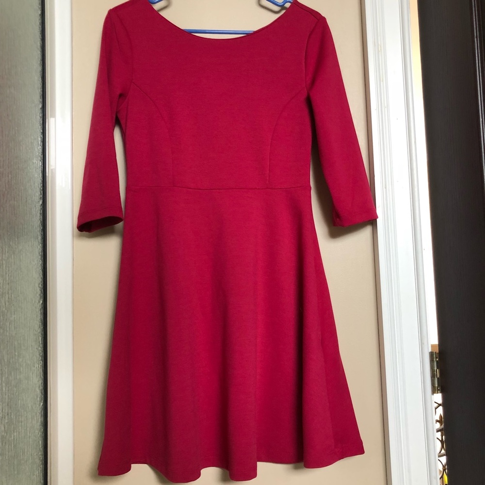 Boat neck, low back red dress